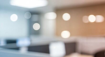 Blurred office interior background with bokeh lights. Abstract and modern corporate workspace for business presentations or virtual meetings.