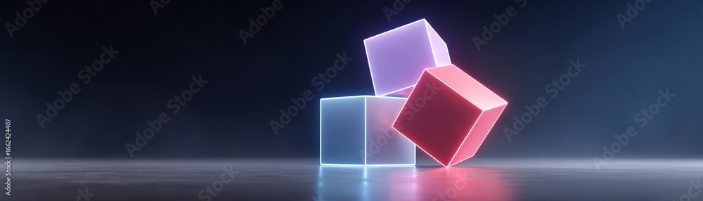 Poster Dynamic three dimensional abstract art background featuring a geometric shape composition with a large red and blue cube framing a smaller central white cube structure.