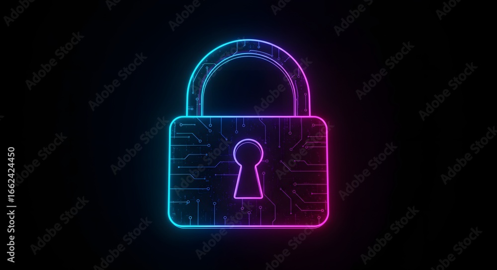 Aufkleber cybersecurity concept featuring a vibrant neon circuit-style padlock symbol on a dark background, il