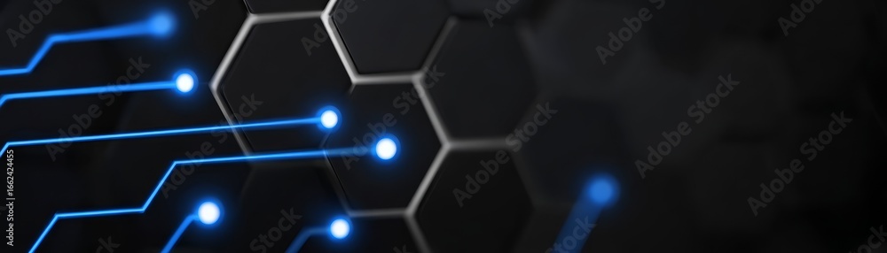 Poster futuristic digital hexagon pattern background with glowing blue neon lights and abstract geometric s