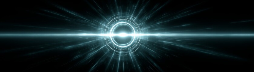 Fototapeta premium Mysterious glowing blue orb of light radiating energy from the center of a deep dark and empty black background a futuristic abstract visual concept.