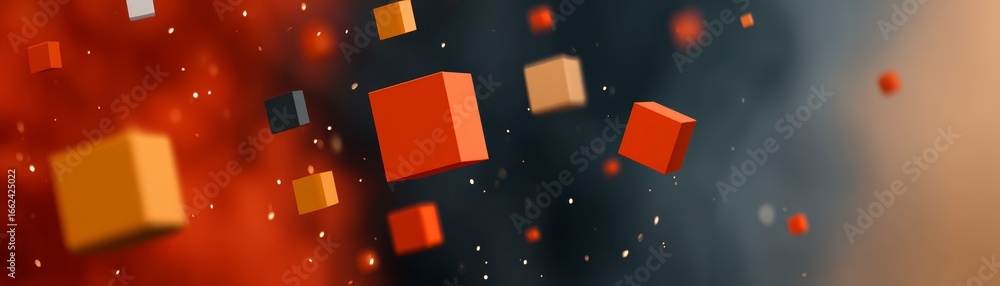Poster abstract geometric background design featuring vibrant mosaic of overlapping red and yellow squares 