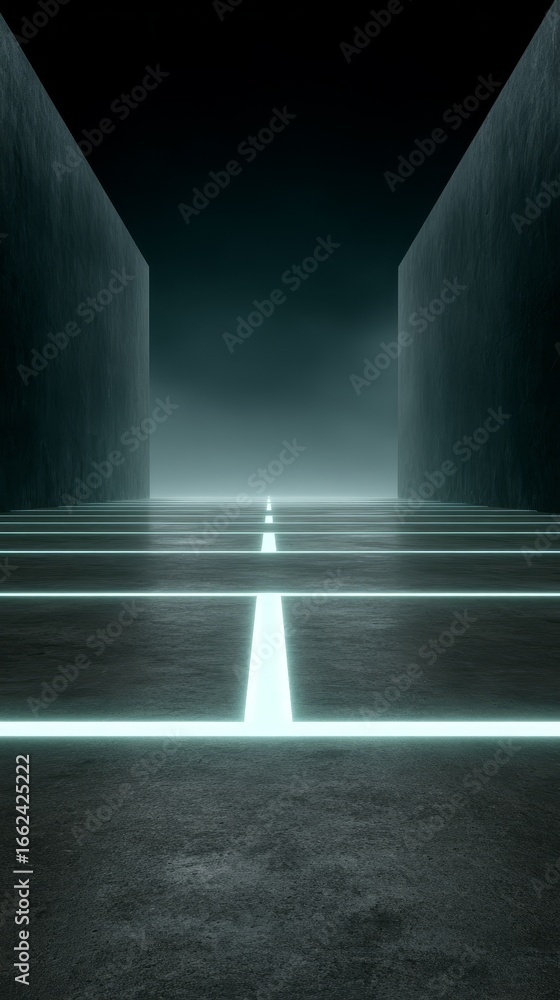 Poster a solitary glowing white stretches across the deep darkness of a vast empty room creating a minimali