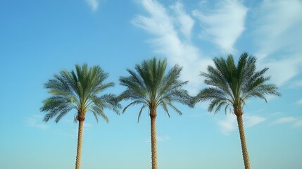 Fototapeta premium Three Palm Trees Against Blue Sky Summer Vacation Tropical Landscape