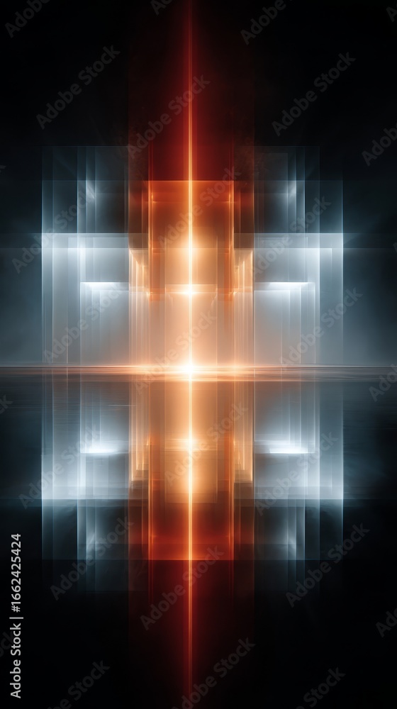 Poster abstract geometric cross symbol constructed from pixelated squares in a digital art composition.