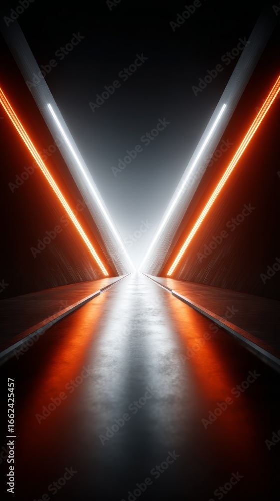 Poster A captivating journey through a long straight and futuristic underground tunnel pathway illuminated by symmetrical lights creating a mesmerizing vanishing point perspective.