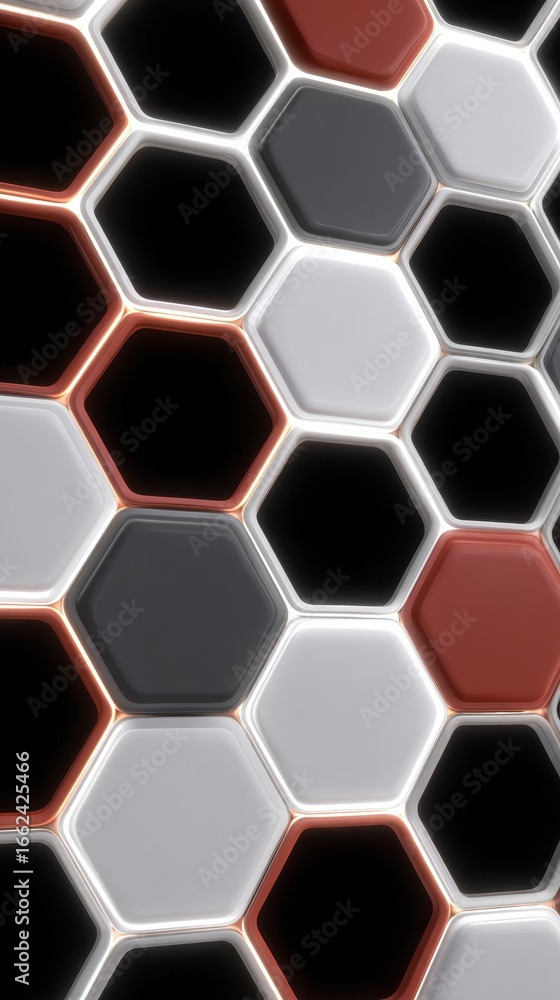 Poster Abstract geometric background with a repeating pattern of black white and red hexagons creating a visually striking honeycomb like mosaic design for modern digital art.