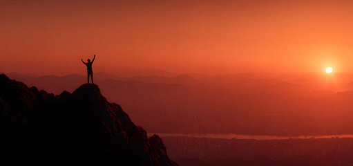 Successfully achieving your goal, Silhouette of businessman on mountain. Success Business Leadership, Winner on top. Concept of success