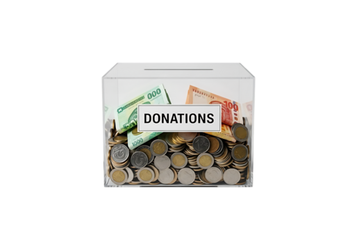 Clear acrylic donation box filled with cash and coins isolated on transparent background