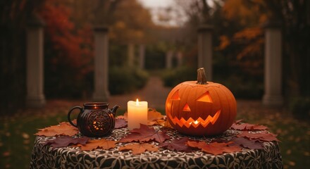 A glowing Jack-o'-lantern pumpkin with a lit candle and autumn leaves on a table in a beautiful fall garden. Cozy Halloween still life decoration.