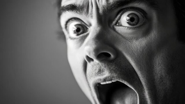Portrait of a man with wide eyes and an open mouth, conveying surprise or astonishment.