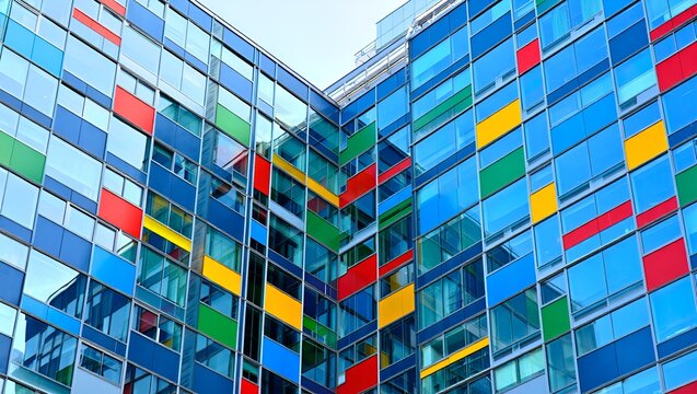 Modern building facade with vibrant, colorful geometric panels creating an abstract pattern design. - Powered by Adobe