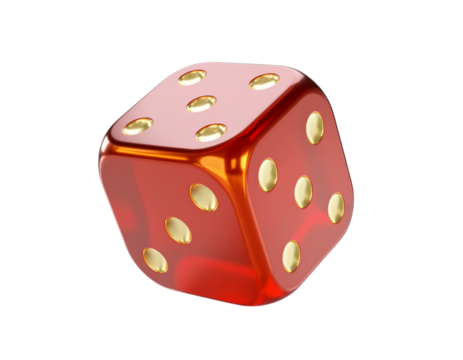 Single Red Dice with Glowing Energy Effects, Front View, Isolated on Transparent Background