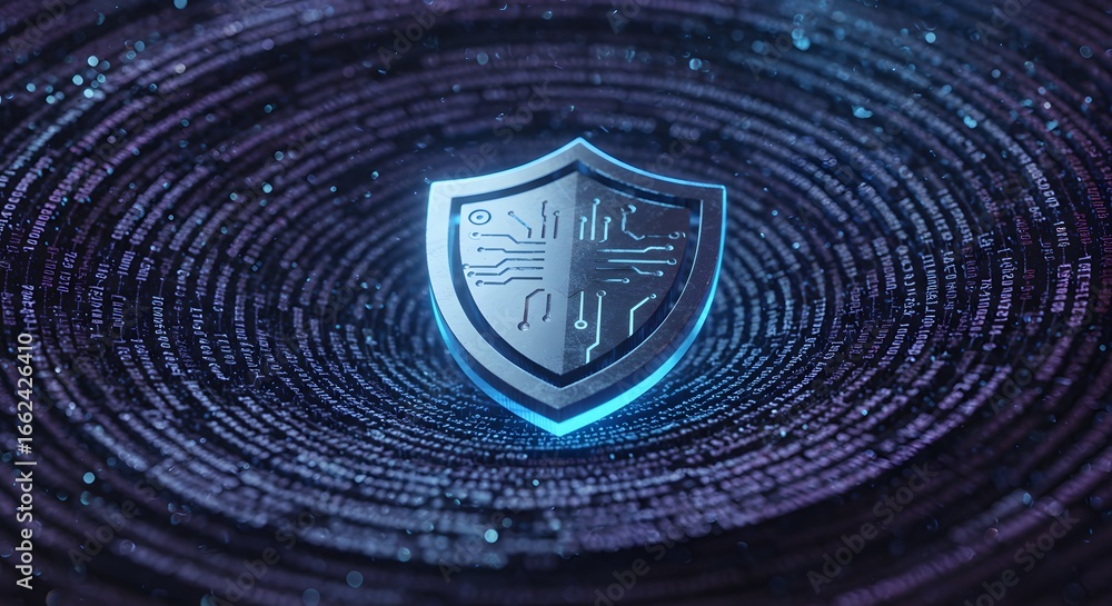 Aufkleber futuristic digital protection concept with a glowing shield icon over a swirling vortex of binary da