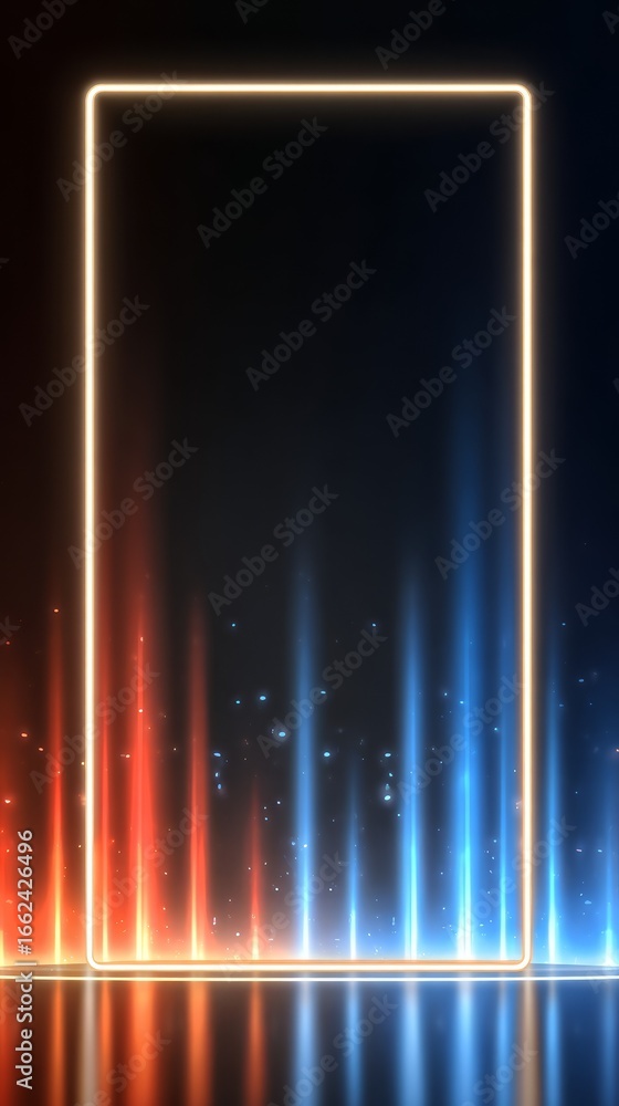 Poster A vibrant glowing neon light frame creating an illuminated rectangular border and shape on a solid black background a futuristic concept for modern digital graphic design elements and art.