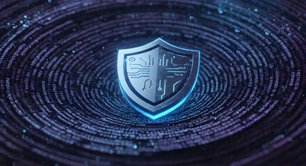 Futuristic digital protection concept with a glowing shield icon over a swirling vortex of binary data