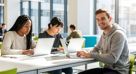 Three diverse students collaborate on laptops in a bright, modern university library or study space. One student smiles directly at the camera.