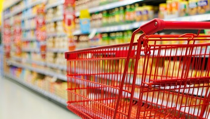 Vibrant red shopping cart stands ready in a brightly lit grocery store aisle view.