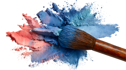 Makeup powder and brush create a vibrant splash of blue and pink eyeshadow, resembling an artistic watercolor design