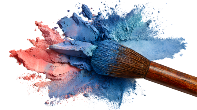 Makeup powder and brush create a vibrant splash of blue and pink eyeshadow, resembling an artistic watercolor design - Powered by Adobe