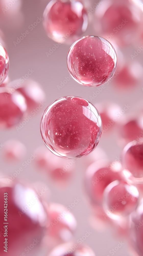 Poster a mesmerizing macro photograph of vibrant pink bubbles gracefully floating on a pristine white liqui