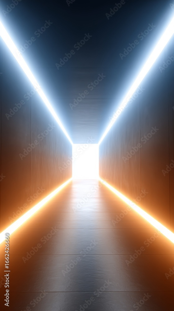 Aufkleber perspective view down seemingly endless concrete corridor dark and shadowed tunnel with brilliant wh