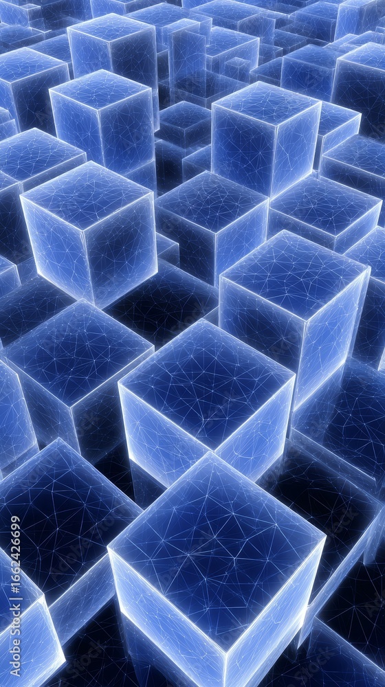 Poster abstract three dimensional rendering of a vast collection of geometric cubes floating in empty space