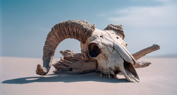 Ancient Horned Demon Head on Driftwood in Desert Sands – Surreal Isolated Scene Under Blue Sky