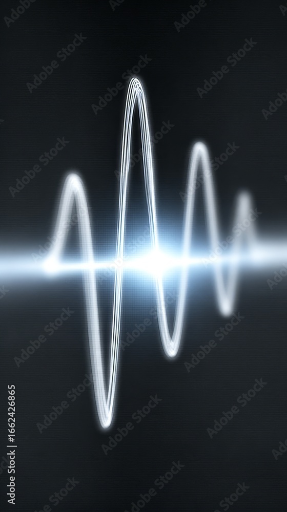 Poster detailed visualization of an abstract digital audio signal showing a vibrant sound wave pattern fluc