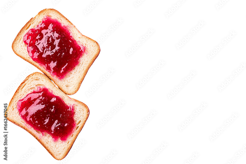 Poster two toast slices are covered with red jam against a isolated background. - high quality two toast sl