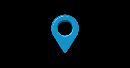 Close-up of a bright blue map pin icon on a black background for location or navigation