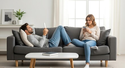 A young couple relaxes on a grey couch in their living room. He lies down using a tablet, she sits up using a smartphone. Modern, comfortable home setting.