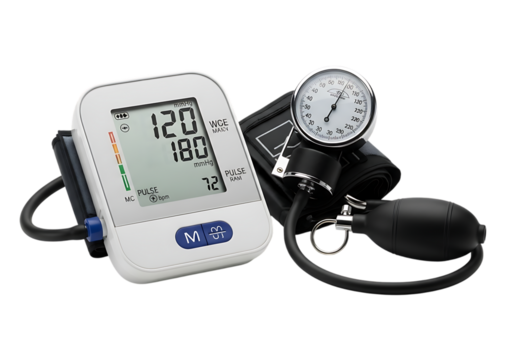 Digital and analog blood pressure monitor set isolated on transparent background