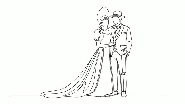 Elegant Couples Continuous Line Art Animation Stylish Wedding Portrait Drawing on White Background.