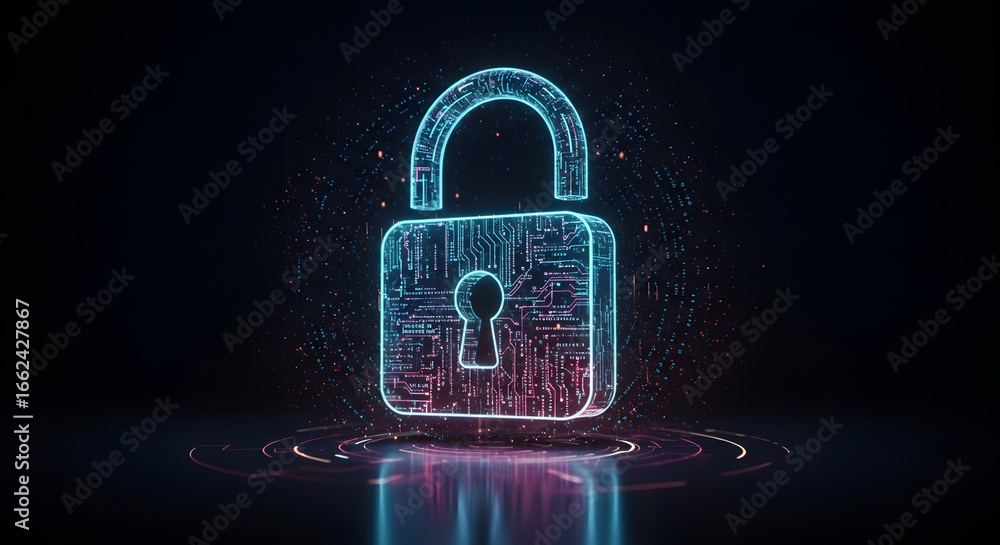 Poster digital security concept illustrating advanced cyber protection and data privacy for modern technolo