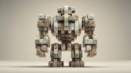 A blocky, golem-like figure composed of various earth-toned stone textures, standing on a neutral background, with glowing orange eyes