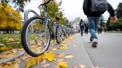 Fototapeta premium Back to school lifestyle with eco friendly transport and fall leaves