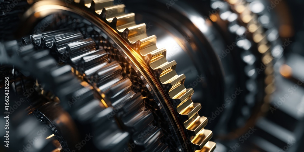 Poster close-up of a colorful and shiny mechanical gear system with metallic textures and intricate details