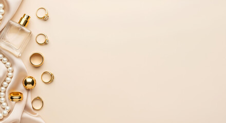 Elegant flat lay background with gold jewelry, perfume bottle, and pearls on beige silk fabric with copy space.
