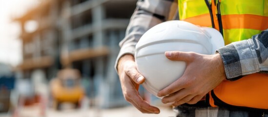 Close-up of construction worker holding a white hard hat on a busy urban street