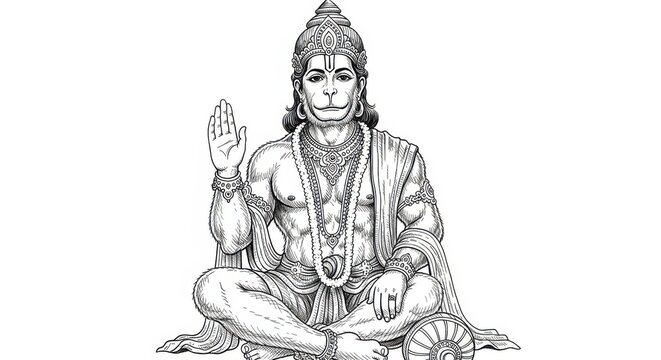 Intricate monochrome artwork of Hanuman seated in meditative posture