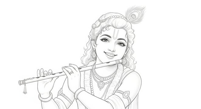 krishna playing flute, black and white drawing clip art preview