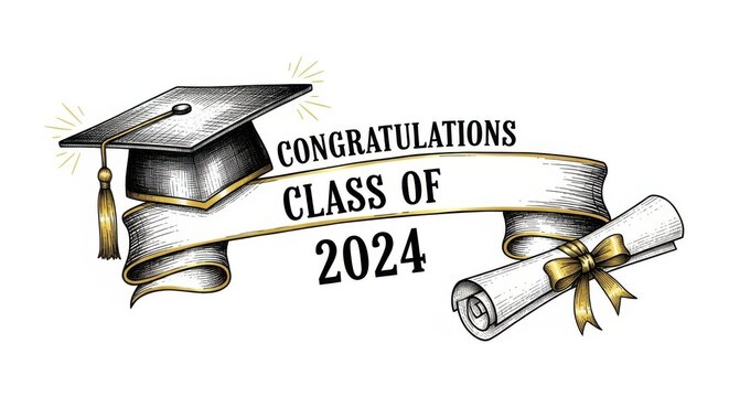 Congratulatory message for graduation class of 2024 with academic cap and