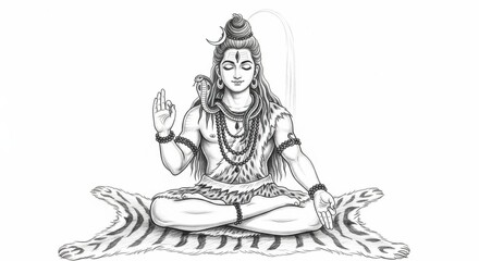 Monochromatic illustration depicting meditating Hindu deity Shiva seated in