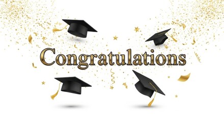 Golden congratulations with floating mortarboards and celebratory confetti