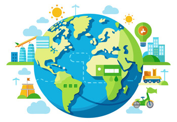 An illustration of a vibrant Earth, showing a network of cities, renewable energy sources, and transportation, symbolizing global connectivity and sustainable urban development.