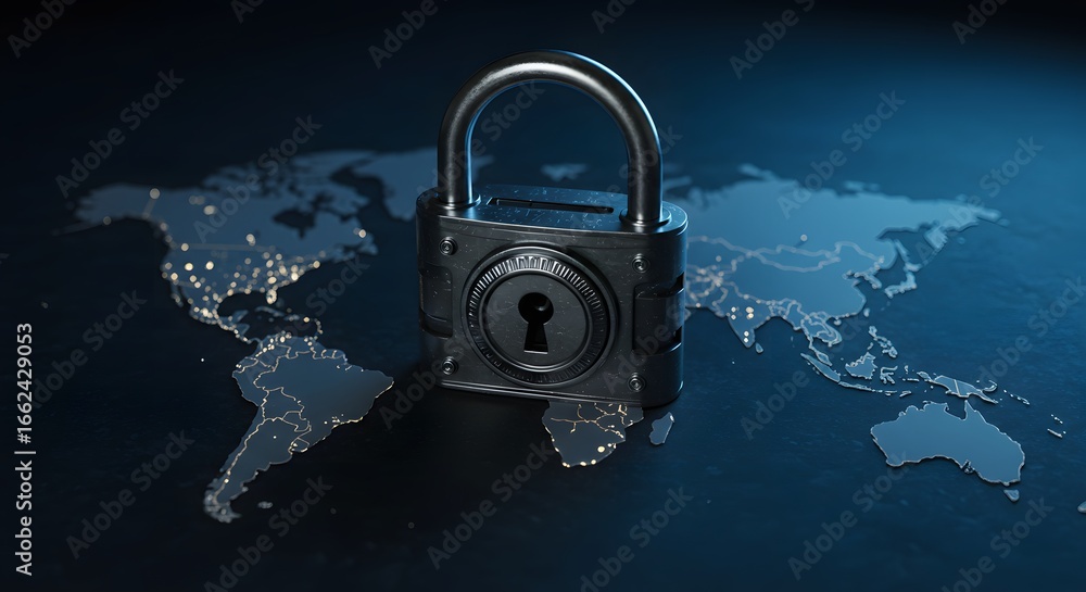Aufkleber global cybersecurity and data protection concept. a closed padlock on an illuminated world map symbo