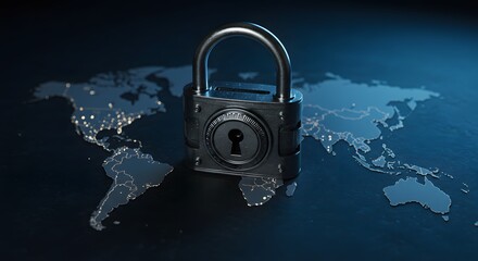 Global cybersecurity and data protection concept. A closed padlock on an illuminated world map symbolizing internet safety and privacy.
