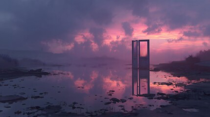 Surreal Reflection Twilight Doorway Dreamscape Ajar Portal Between Worlds Misty Waters Peaceful Reflection Rocks and Sky Dramatic Clouds Mysterious Scene