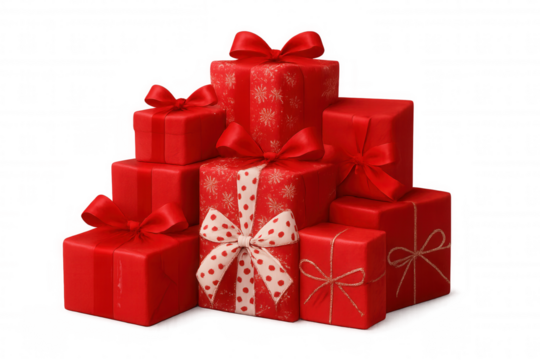 Festive red gift boxes with ribbons and bows create a celebratory christmas mood on a transparent background